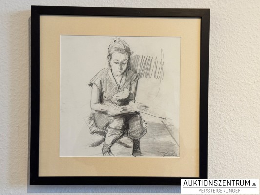 Lydia Thomas, Selbstporttrait?, Bleistiftzeichnung, gerahmt, 43 x 43cm