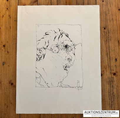 Horst Janssen signierte Lithografie „Selbst blöd für Griffelkunst“, 1968, 49 x 63 cm