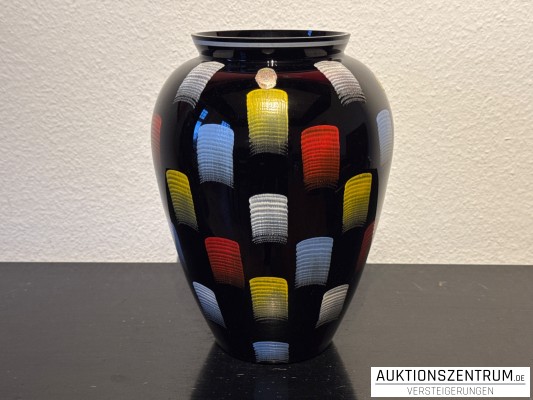 Hyalith Glasvase schwarz mit bunter Malerei 24 x 30 cm