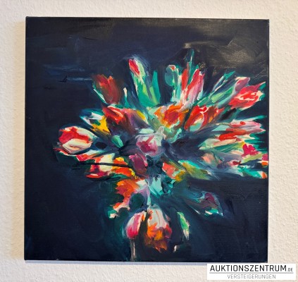 Unikat: Lydia Thomas, Bunter Blumenstrauß - Ölbild auf Leinwand, 2010, 40 x 40 cm