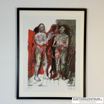 Willi Sitte Farblithografie „Gespräch mit dem Tod“, 1998, 63 x 83 cm