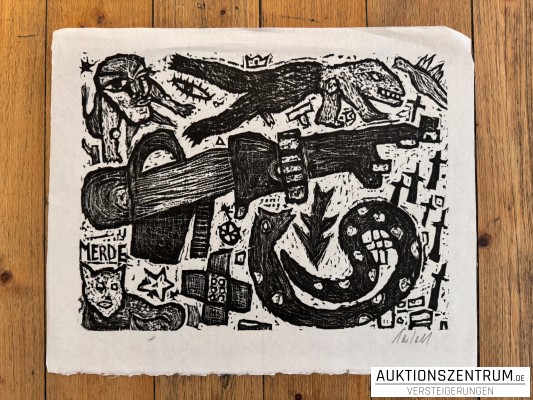 Expressive Collage Linolschnitt auf Papier, 46 x 37cm