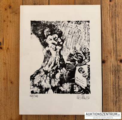 Willi Sitte Radierung „Rafft der Klasse Kraft in eine Faust“ 1977, 36 x 48cm