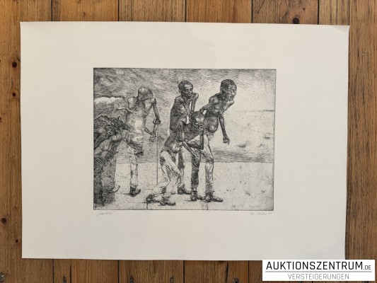 Wolfgang Peuker Radierung „Überlebt“ 1975, 58 x 42cm