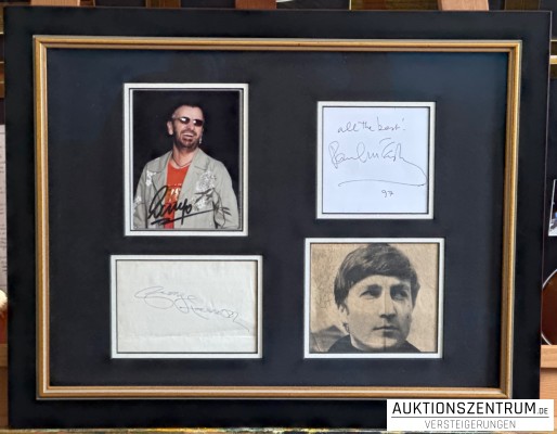 4 Autographs The Beatles: John Lennon, Paul McCartney, George Harrison & Ringo Starr Autogramme