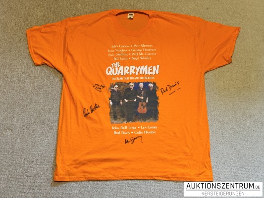 The Quarrymen T-Shirt: all artists signed , orange + Plectrum