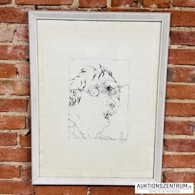 Horst Janssen signierte Lithografie „Selbst blöd für Griffelkunst“, 1968, 49 x 63 cm