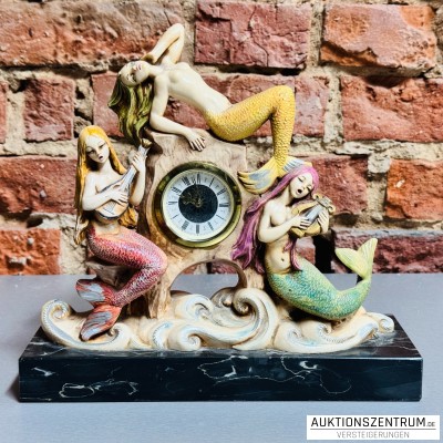 Vintage Depose Fontanini Meerjungfrauen/Sirenen Tischuhr auf Carrara-Marmor