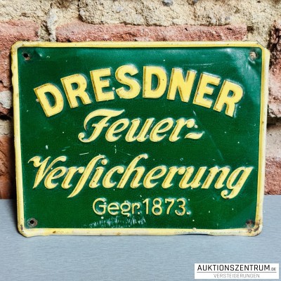 Dresdner Feuer-Versicherung Reklame-Blechschild geprägt 16,5 x 13 cm