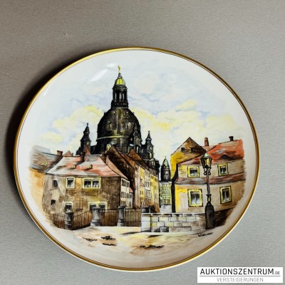 Wandteller Frauenkirche bis 1945 Porzellan, RW Dresden Handmalerei DDR, Werner Wehsener