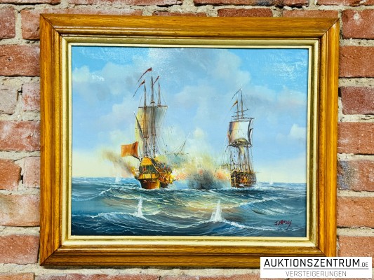 J. Harvey maritimes Ölgemälde Seeschlacht im Holzrahmen 61*52 cm