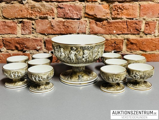 11 tlg. Vintage Prunk-Bowle-Service m. Putten, R. Capodimonte Italy MAS Keramik, Relief Porzellan Schalen