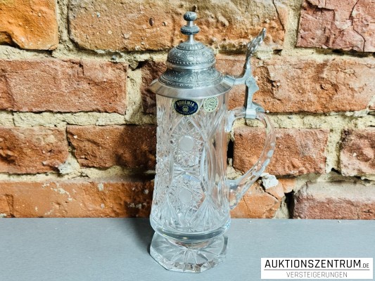 Bohemia Czechoslovakia Kristall-Bierkrug mit Zinndeckel Höhe 28cm