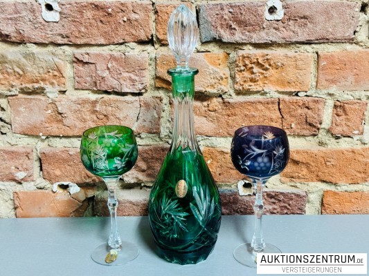 3er Set Dresden Kristall Bleikristall Karaffe mit Stopfen und zwei Kelchgläser